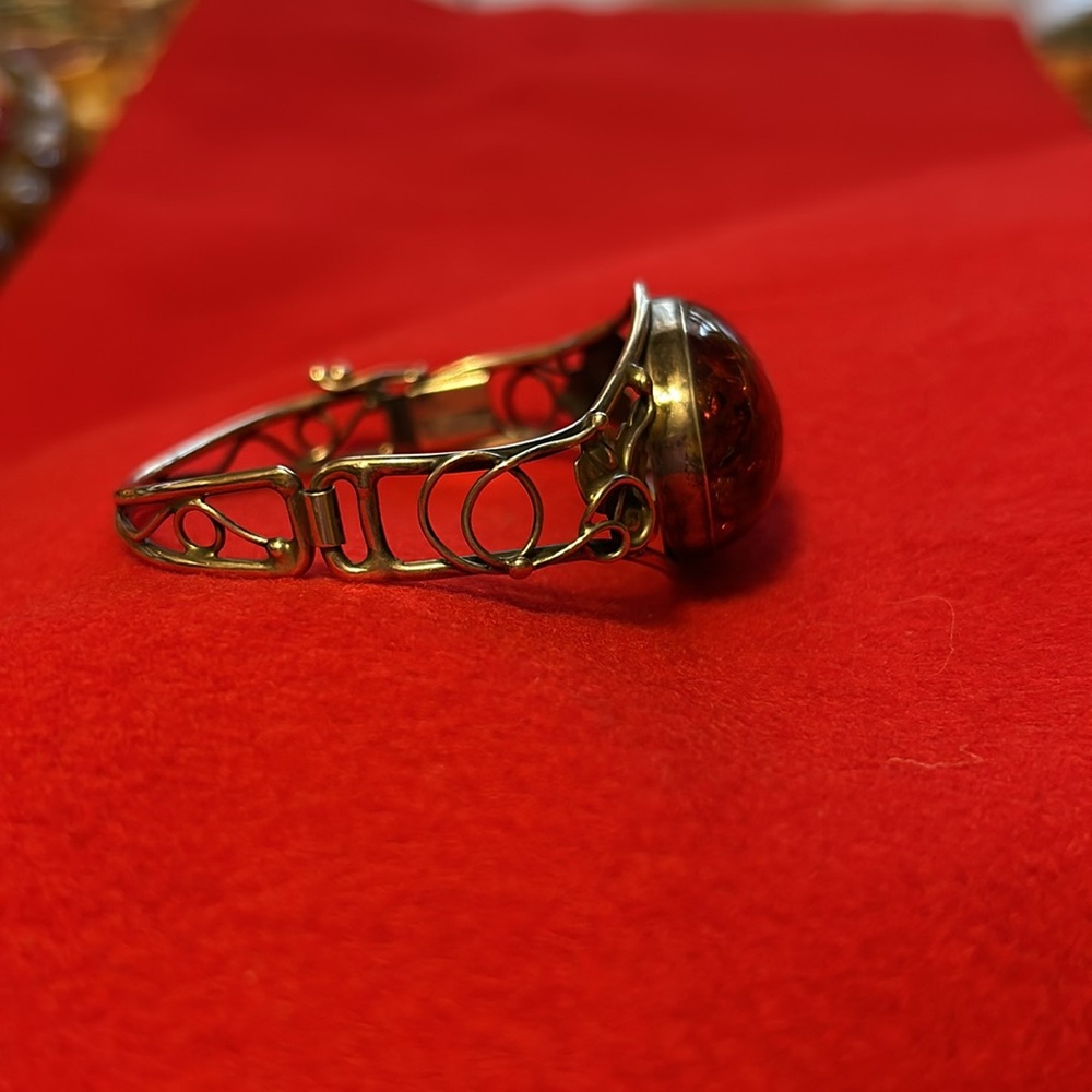 Women’s Beautiful Vintage LargeOval Baltic Orange Amber Cabochan Set SS Bracelet - Picture 4 of 9